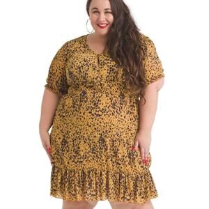GILLI Yellow Animal Print V-Neck Crinkled Mini Dress Elastic Waist Ruffle Hem 2X